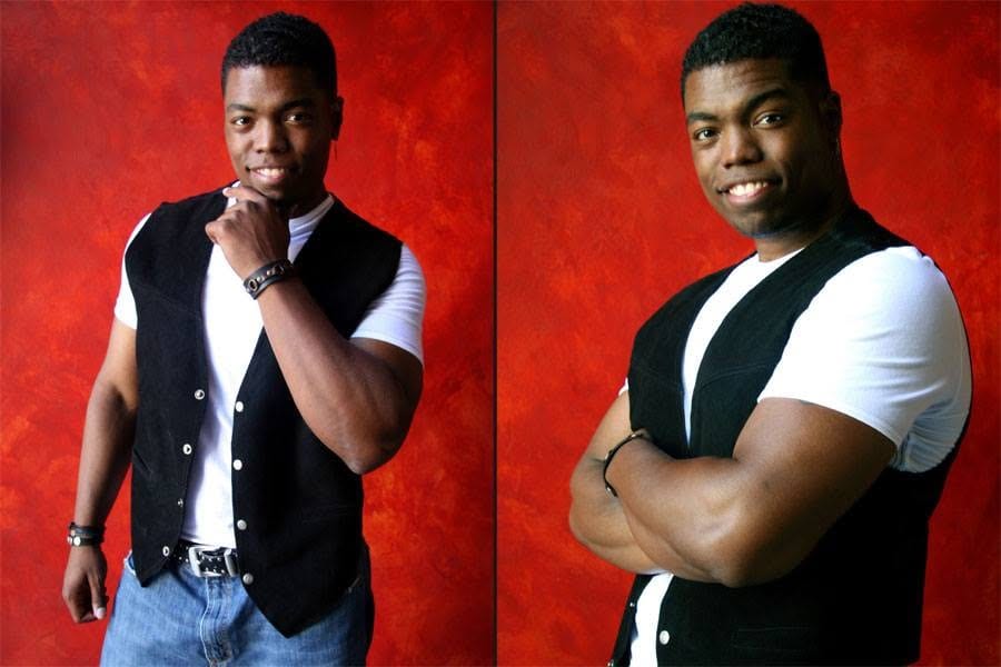 Artist portrait diptych on red