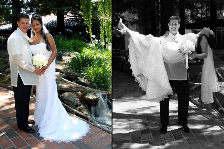 Bride and groom by the waterfall